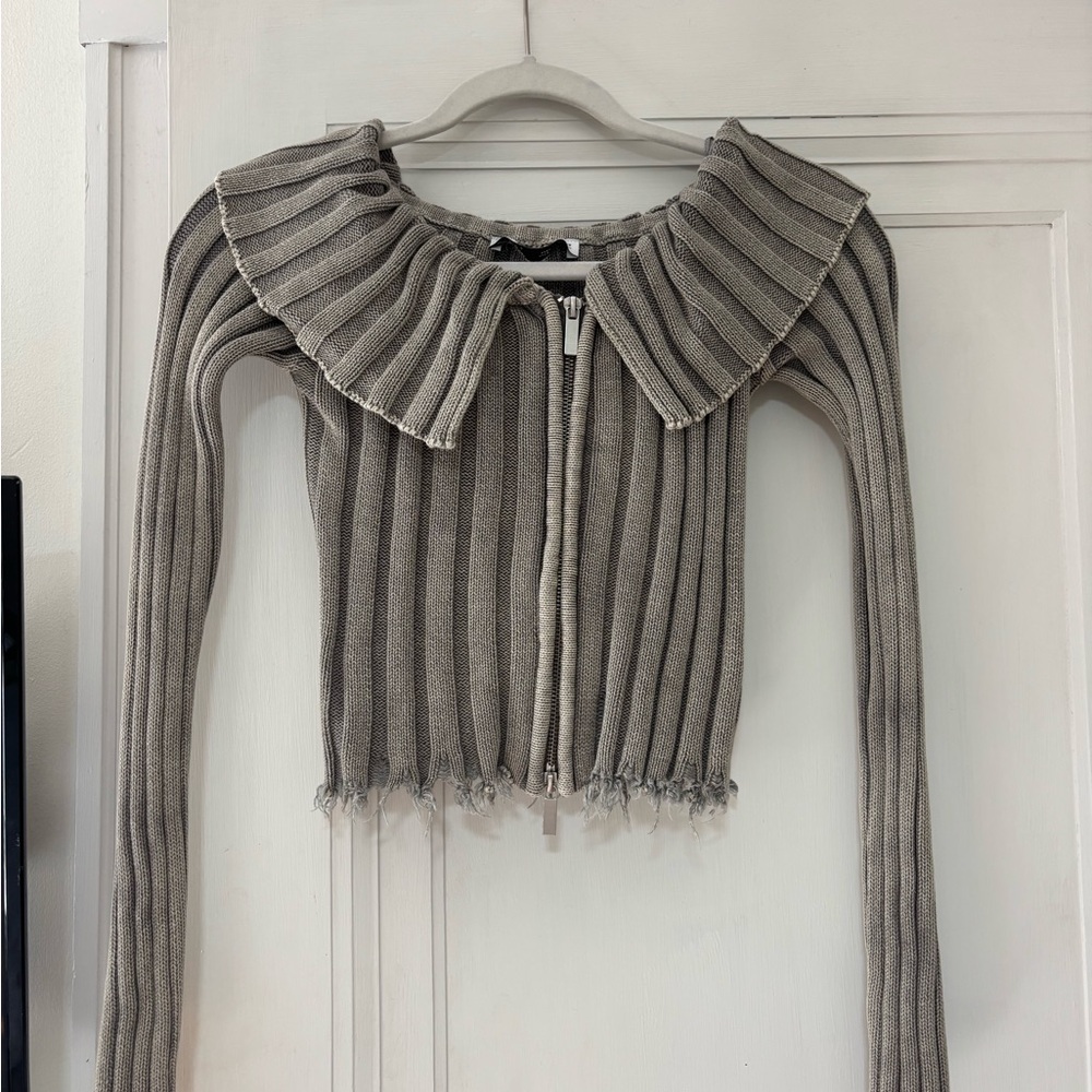 Zara Striped Gray Crop Top with Frayed Hem